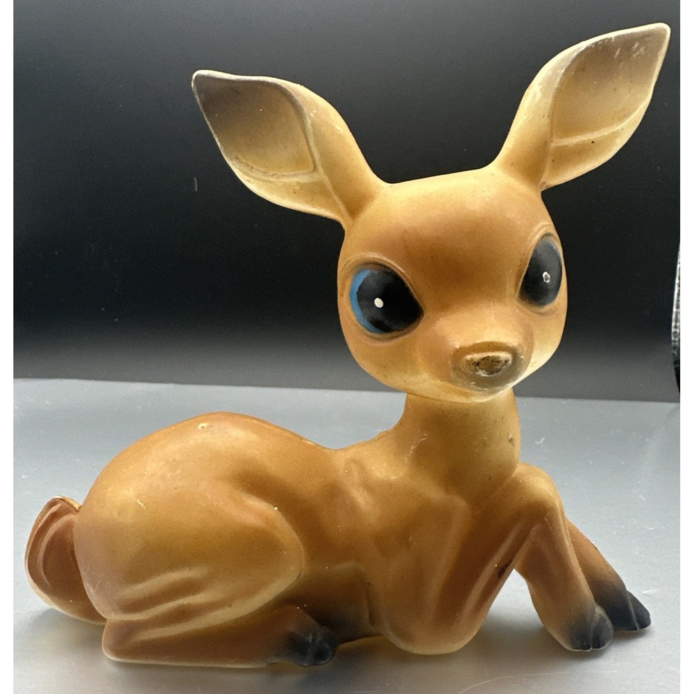 Vintage Mid Century Plastic Deer Fawn Figurine Big Eyes Kitsch Christmas 1960's